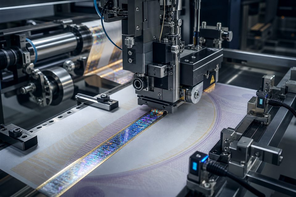 Güvenlik belgesine hassas konumda DOVID hologram uygulayan endüstriyel sistem